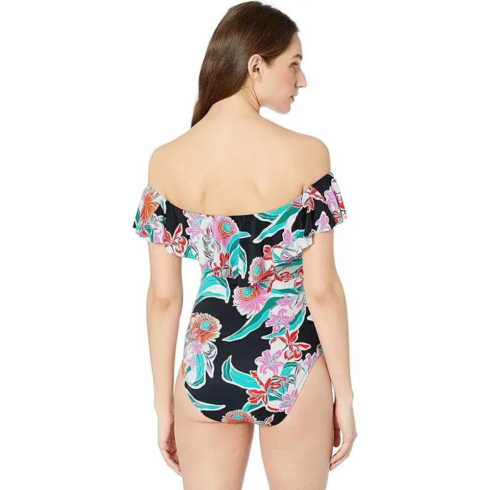 Trina Turk Off Shoulder One Piece Swimsuit Womens 8 Black Floral Ruffle Bandeau